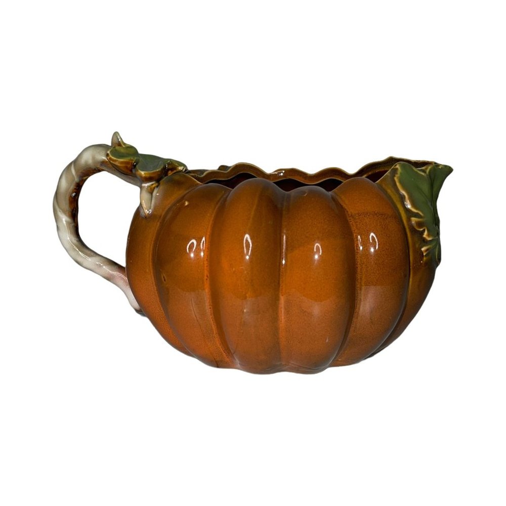 Thanksgiving Fall Ceramic Pumpkin Gravy Boay Handle Spout Heavy - Picture 5 of 10